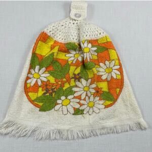 Vintage 1970s Groovy Floral Kitchen Towel, Crochet Handle, Made in USA, Cotton